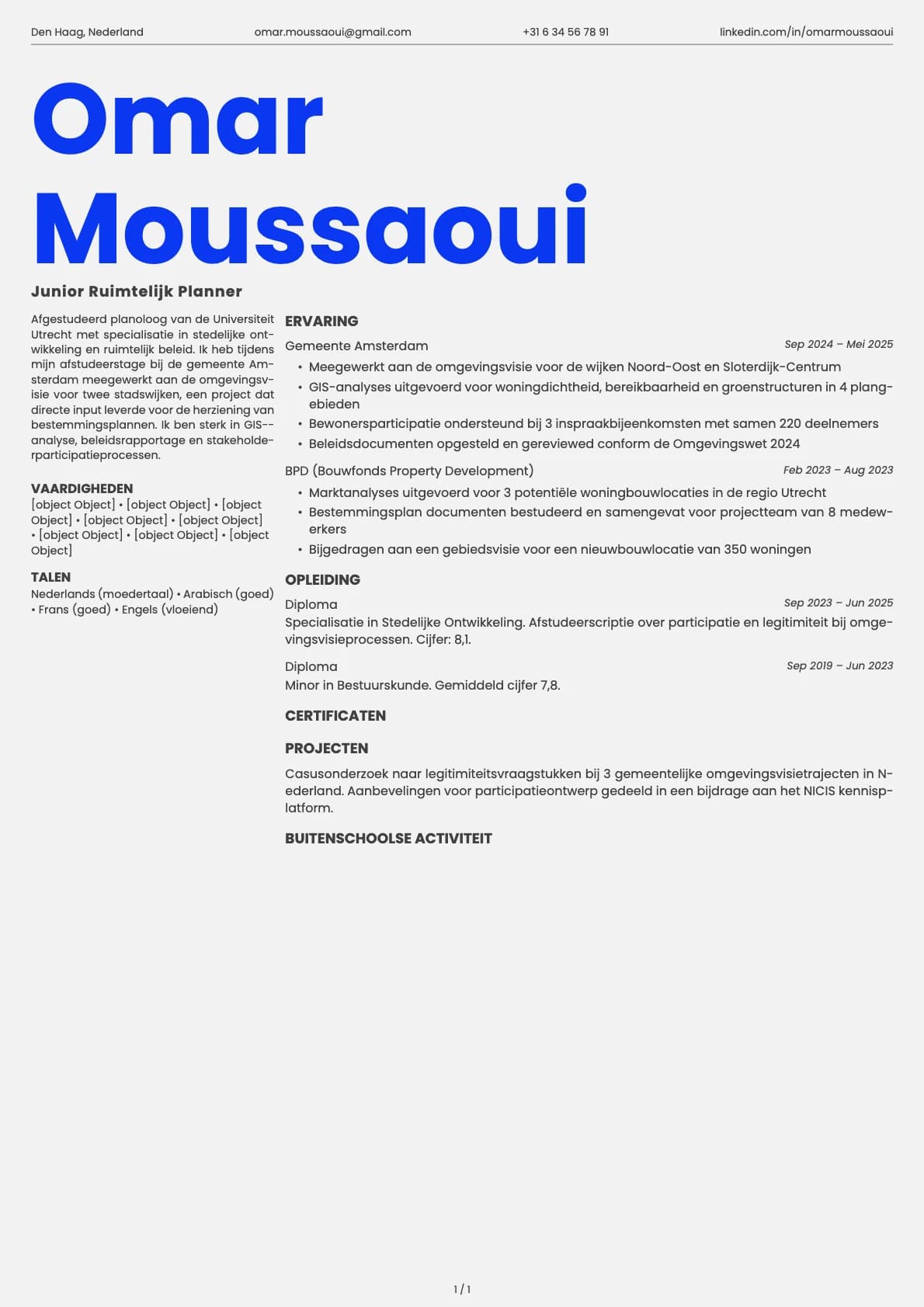 Junior Ruimtelijk Planner resume example