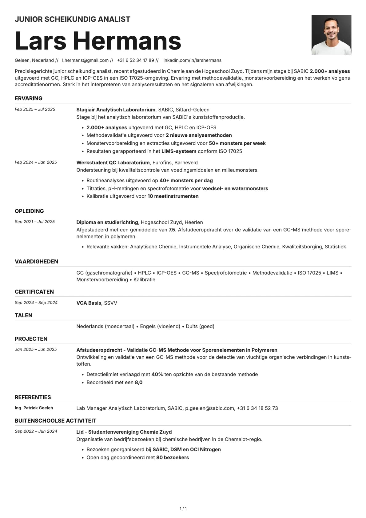 Junior Scheikundig Analist resume example