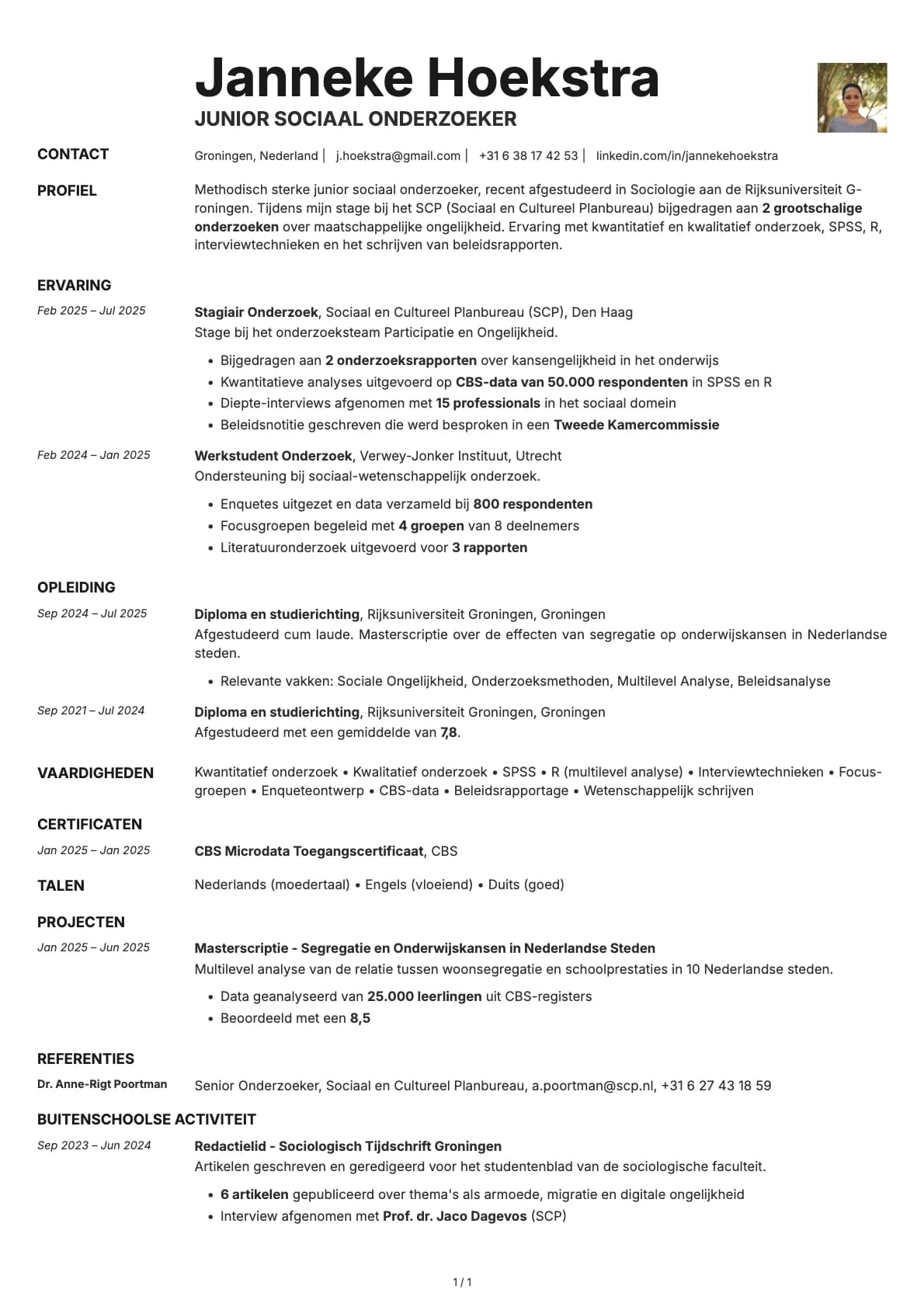 Junior Sociaal Onderzoeker resume example
