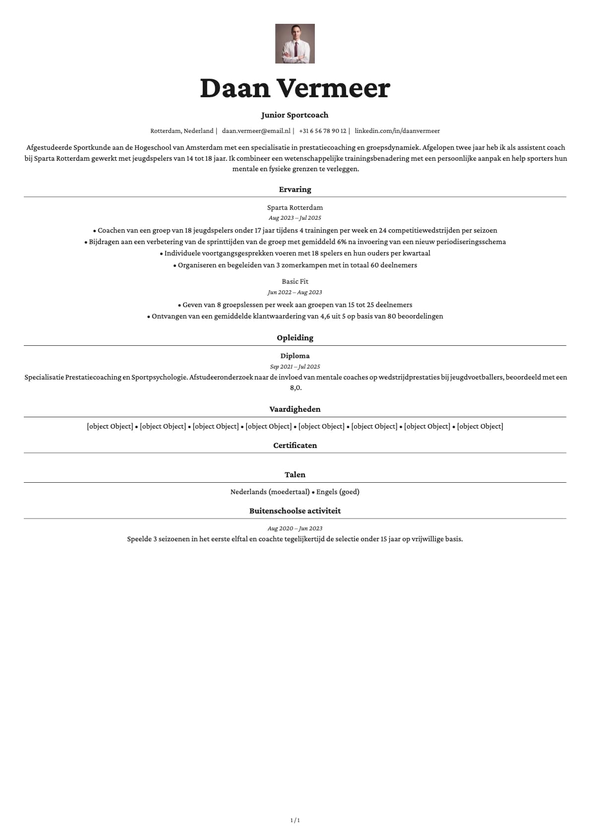 Junior Sportcoach resume example