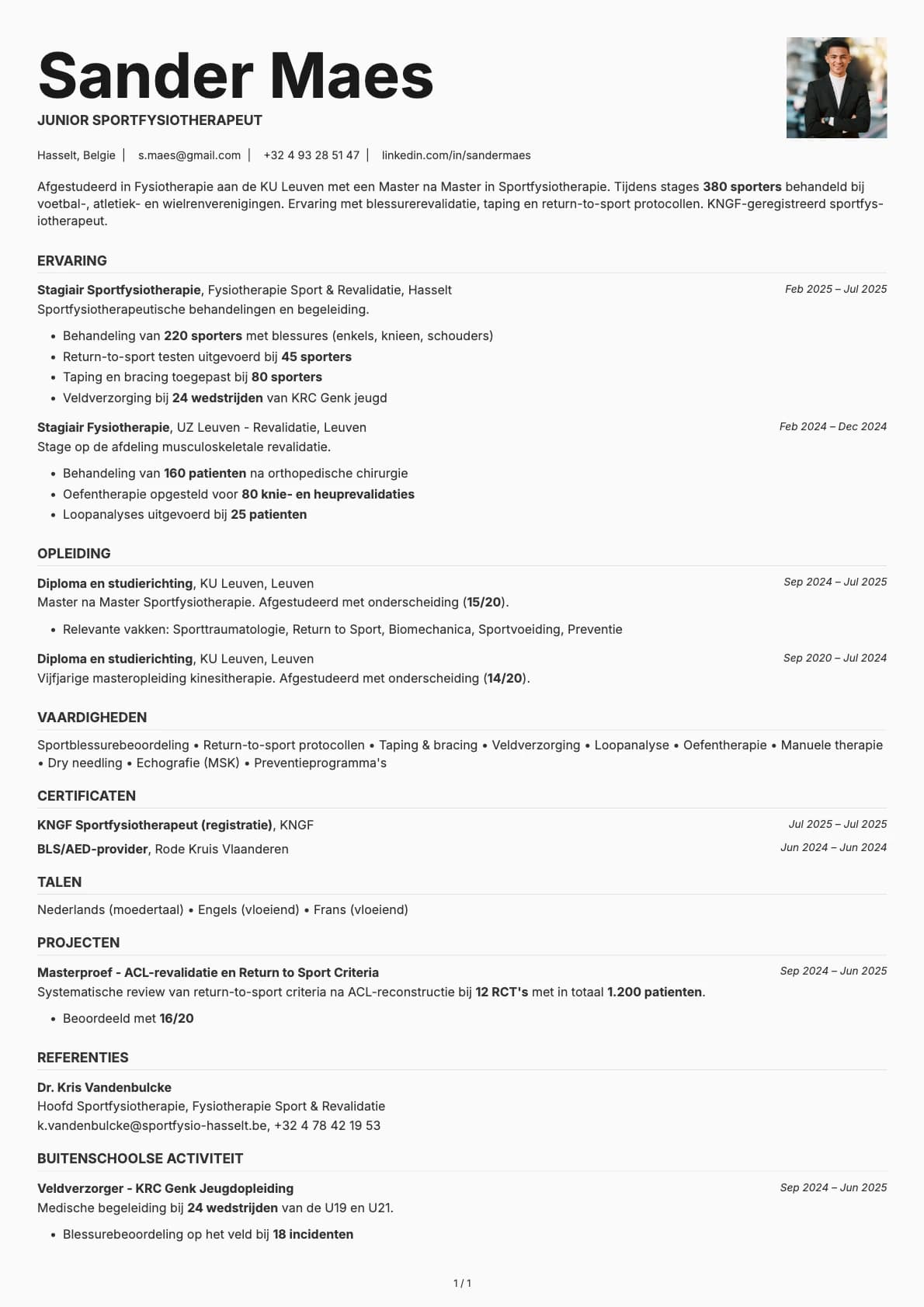 Junior Sportfysiotherapeut resume example