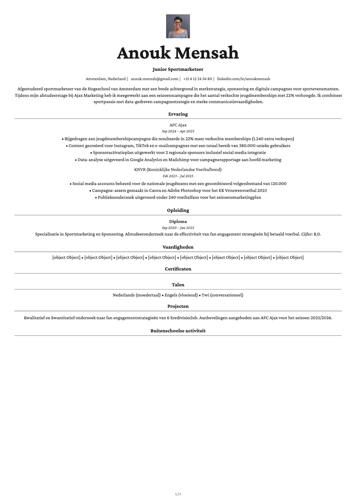Junior Sportmarketeer resume example