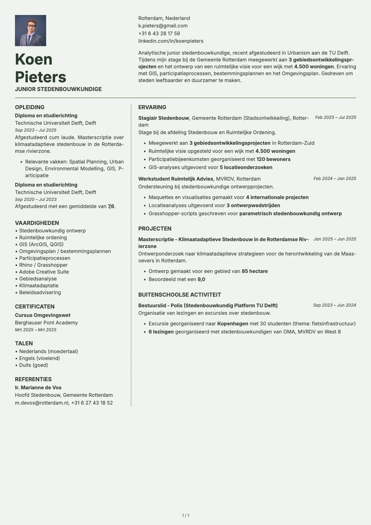 Junior Stedenbouwkundige resume example