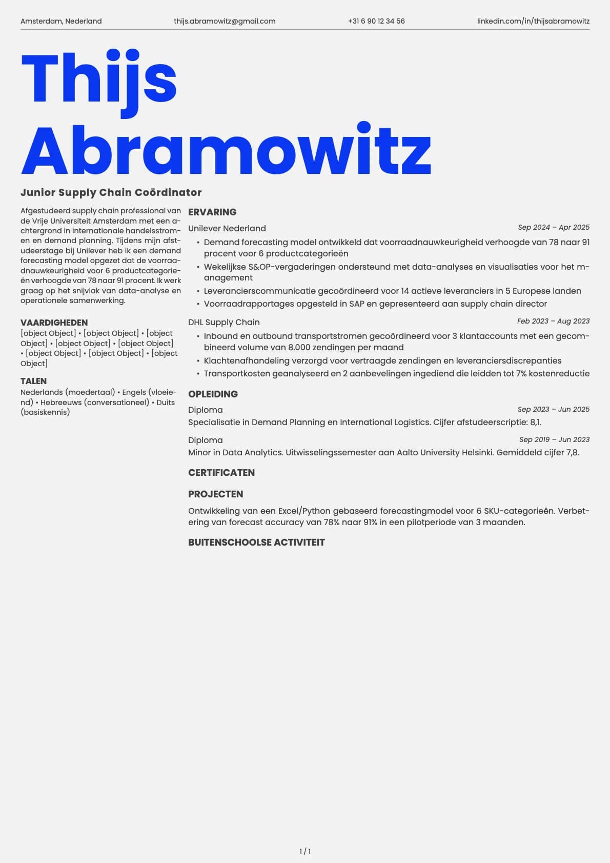 Junior Supply Chain Coördinator resume example