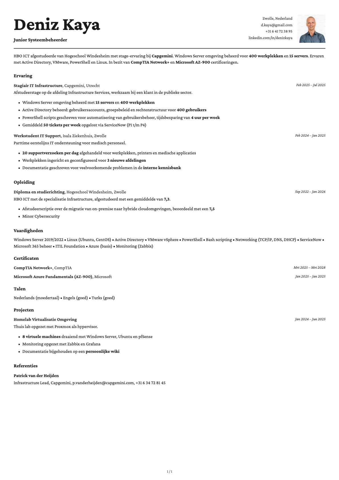 Junior Systeembeheerder resume example