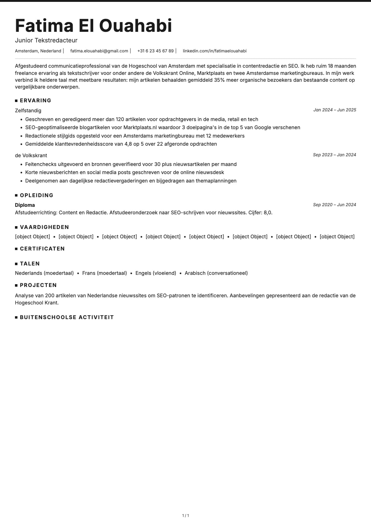 Junior Tekstredacteur resume example