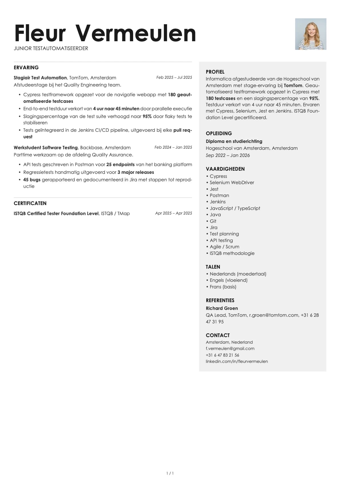 Junior Testautomatiseerder resume example