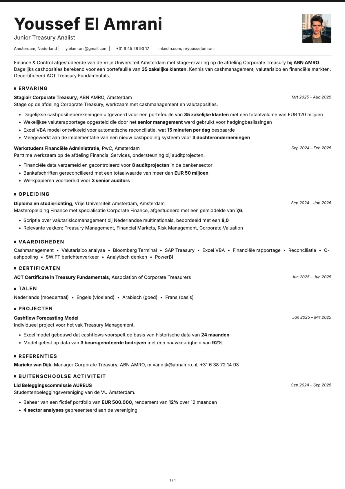Junior Treasury Analist resume example