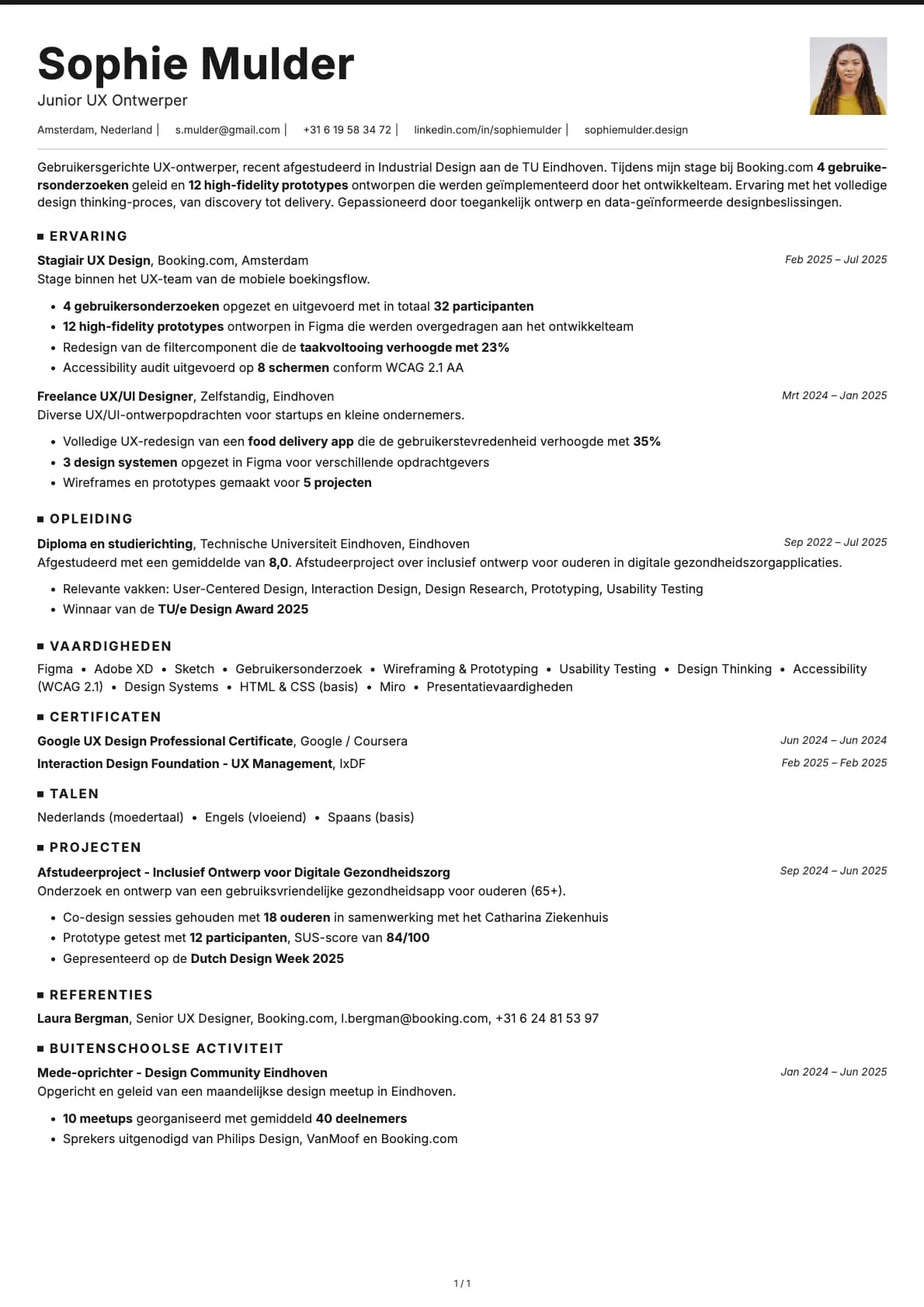 Junior UX Ontwerper resume example
