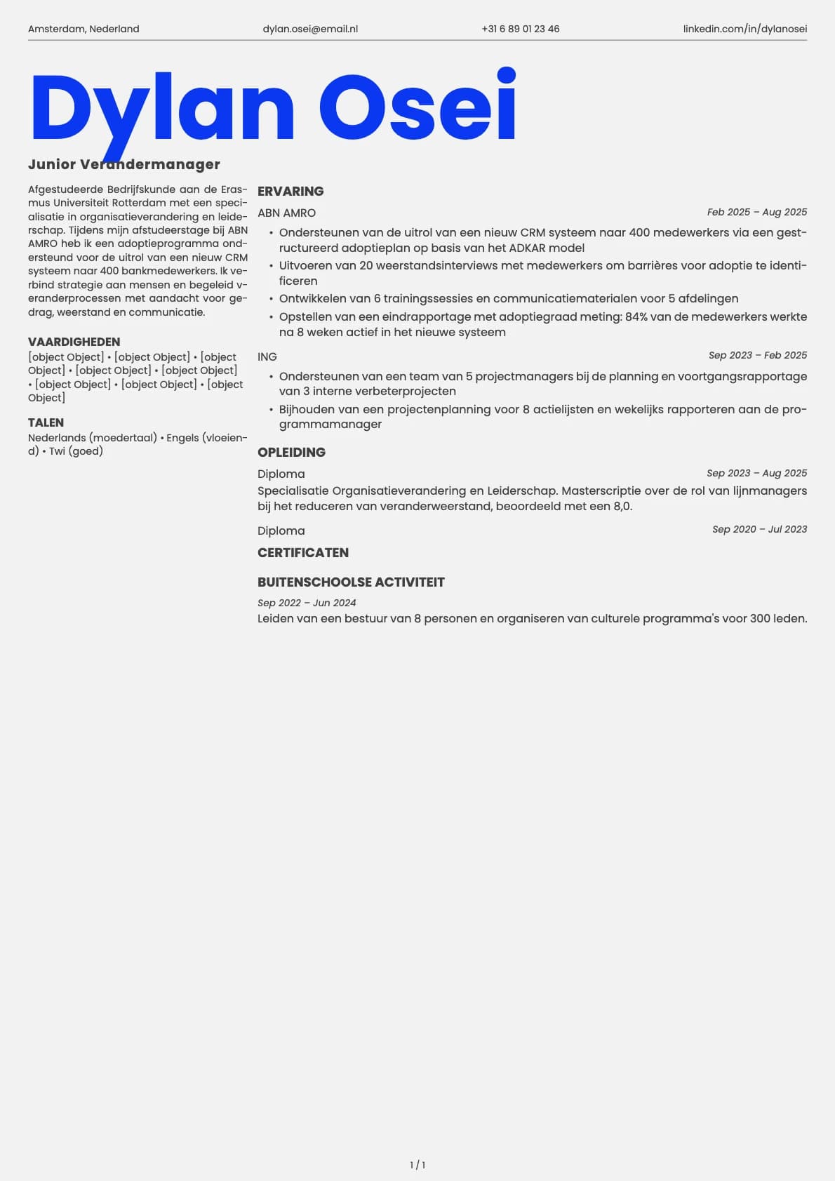 Junior Verandermanager resume example