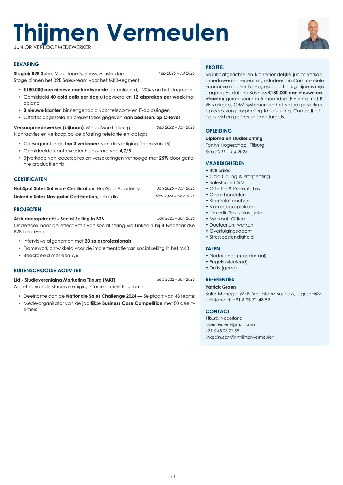 Junior Verkoopmedewerker resume example