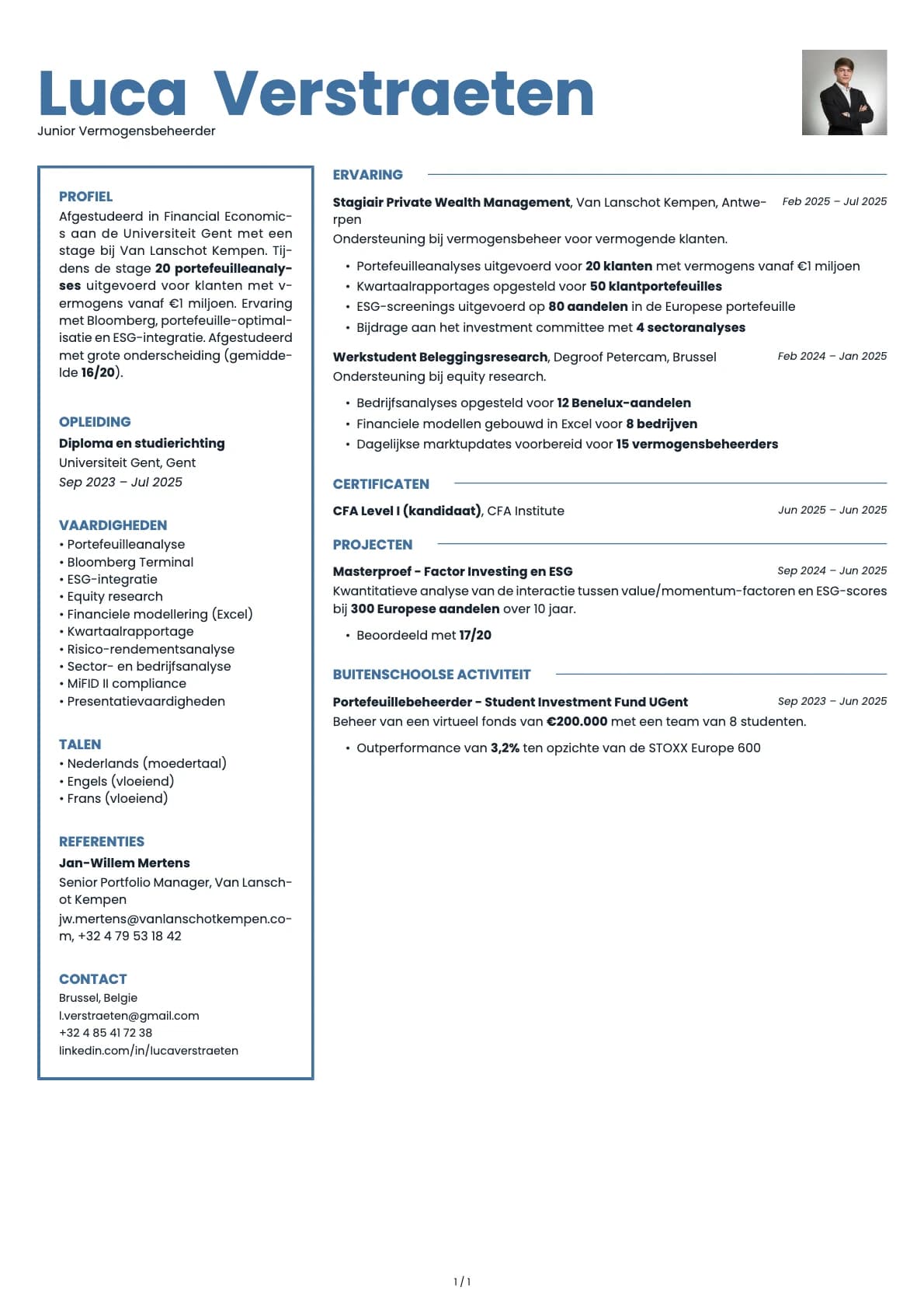 Junior Vermogensbeheerder resume example