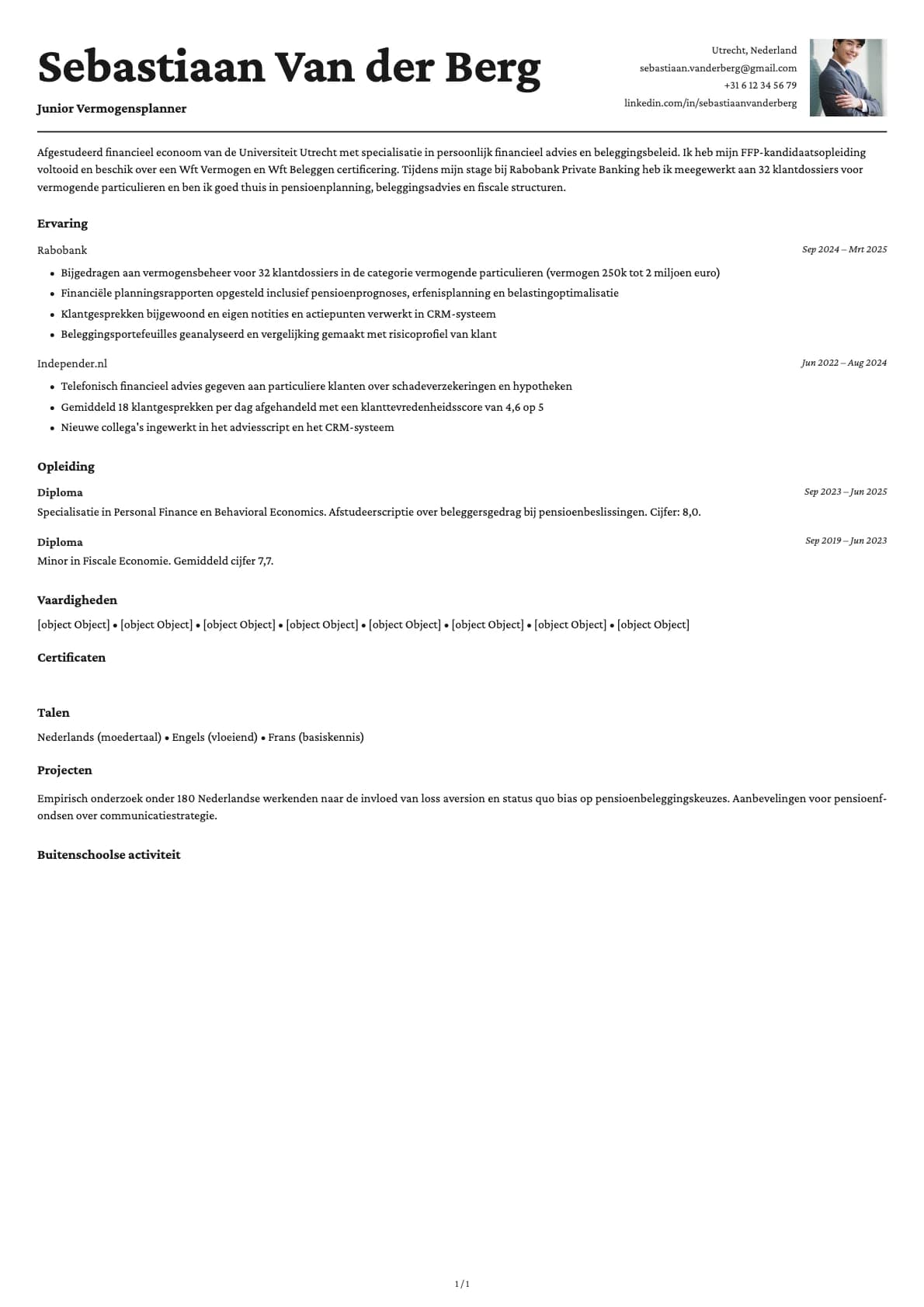 Junior Vermogensplanner resume example