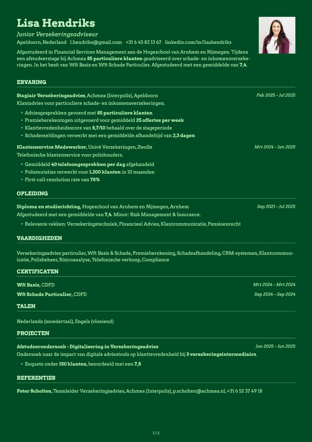 Junior Verzekeringsadviseur resume example