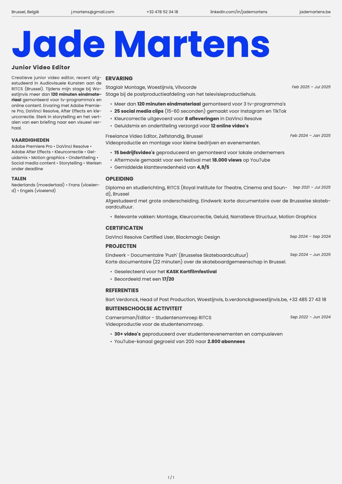 Junior Video Editor resume example
