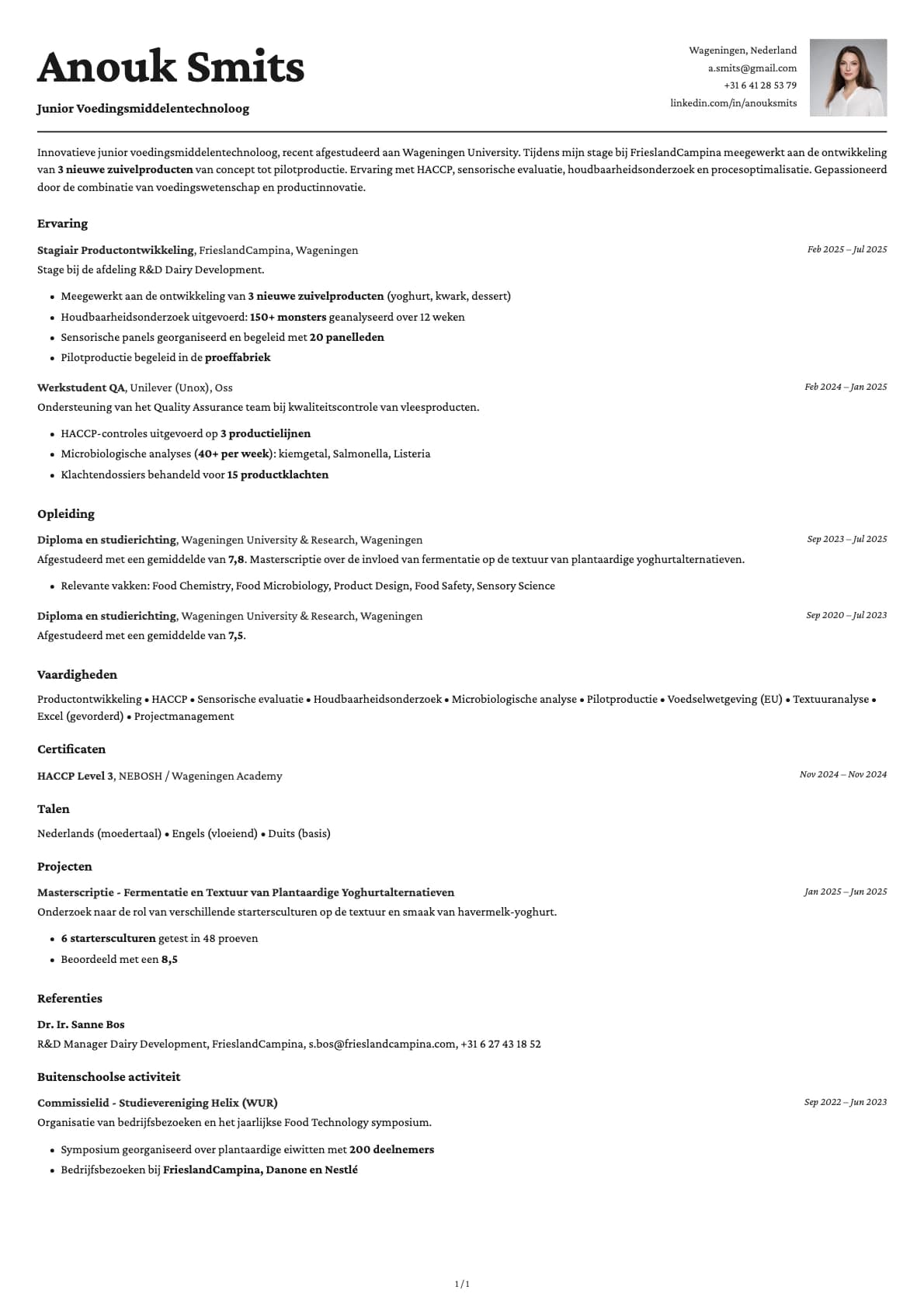 Junior Voedingsmiddelentechnoloog resume example