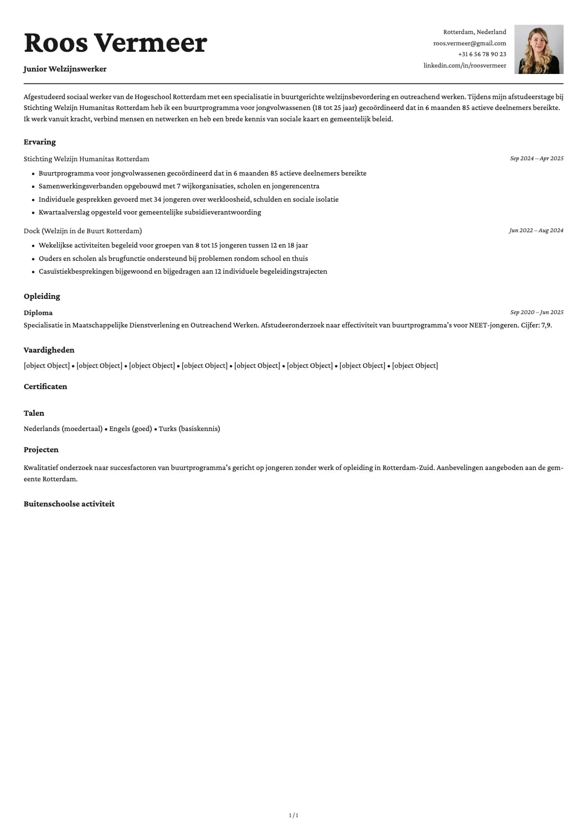 Junior Welzijnswerker resume example