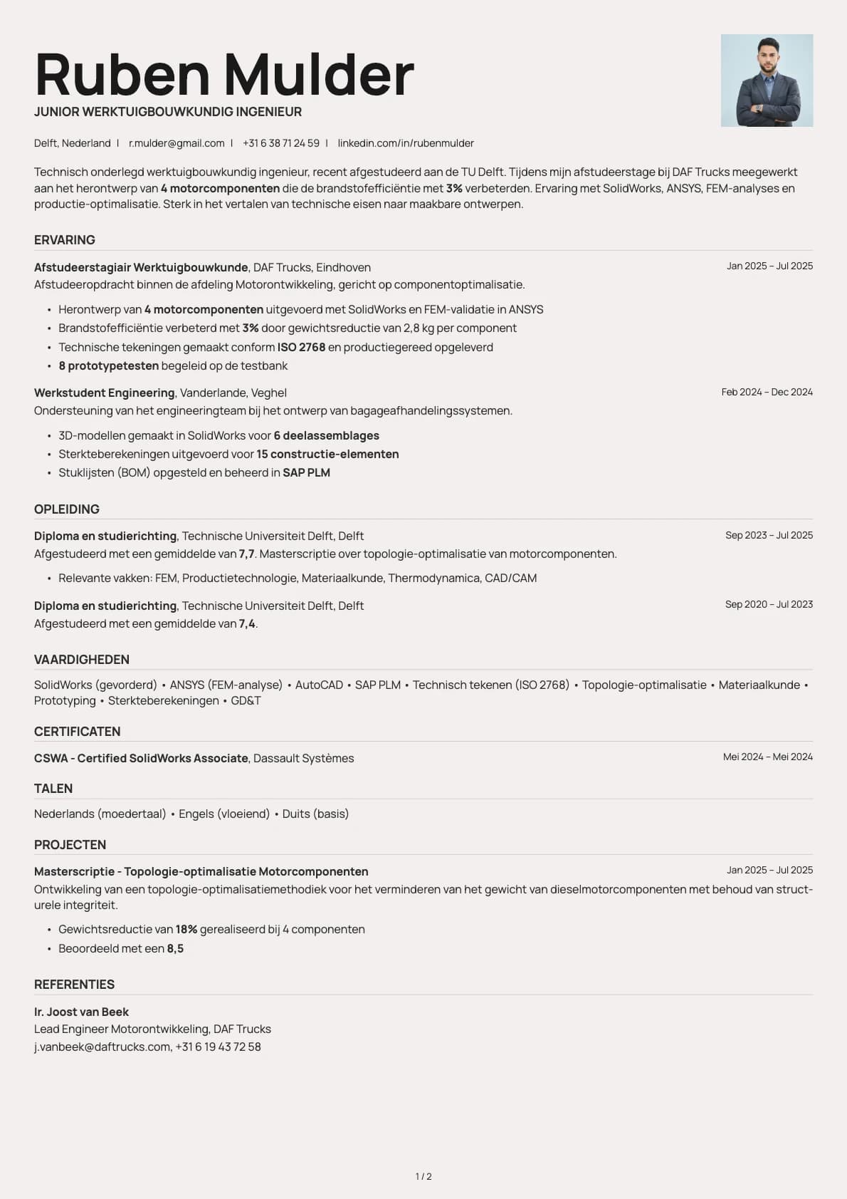Junior Werktuigbouwkundig Ingenieur resume example