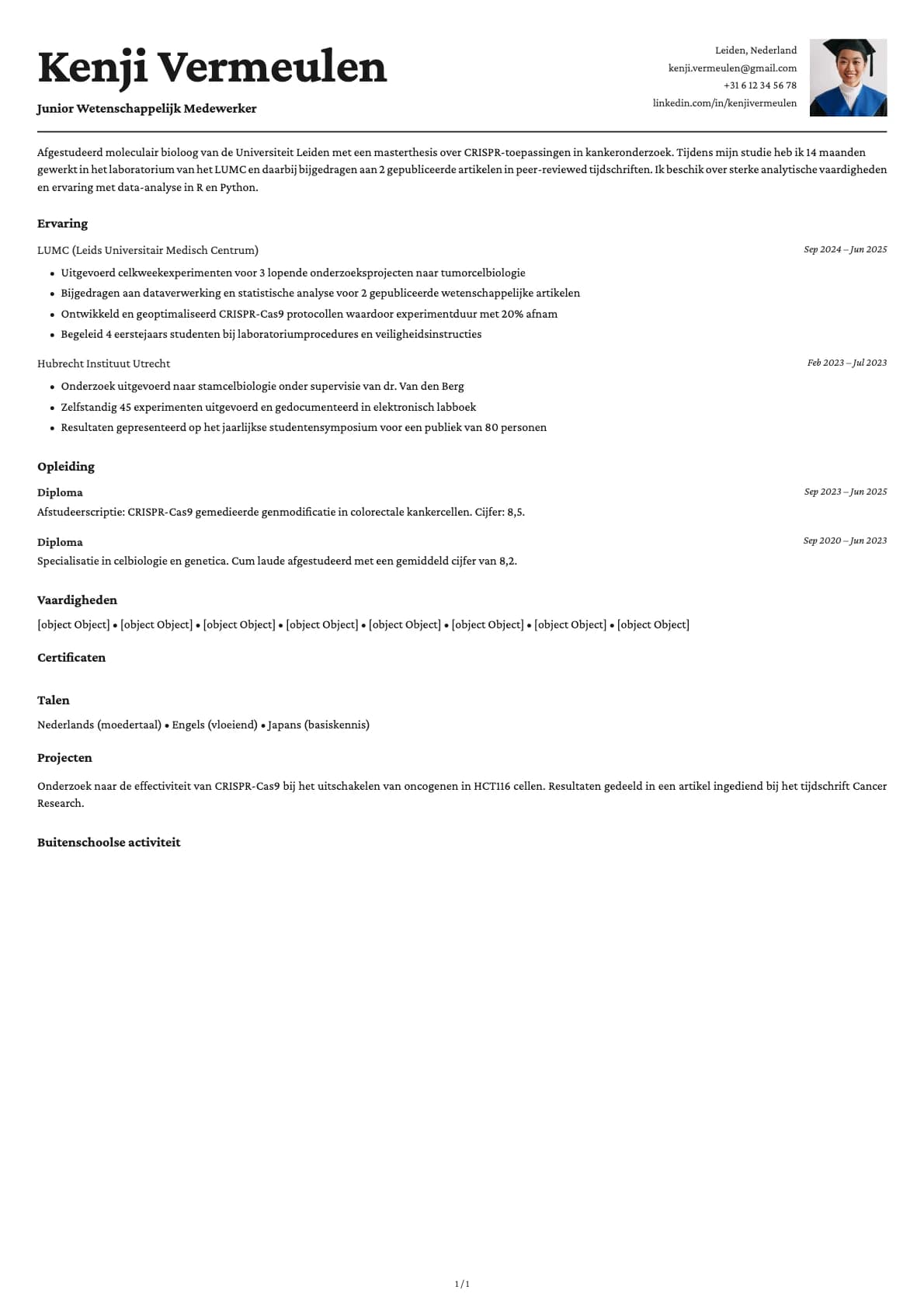 Junior Wetenschappelijk Medewerker resume example