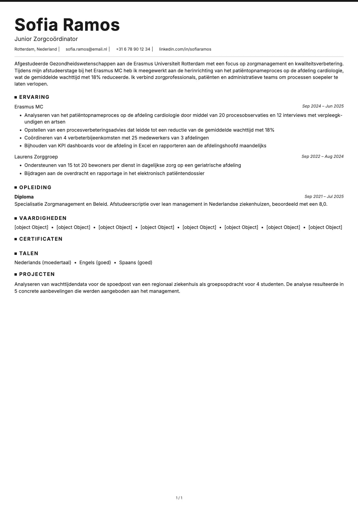 Junior Zorgcoördinator resume example
