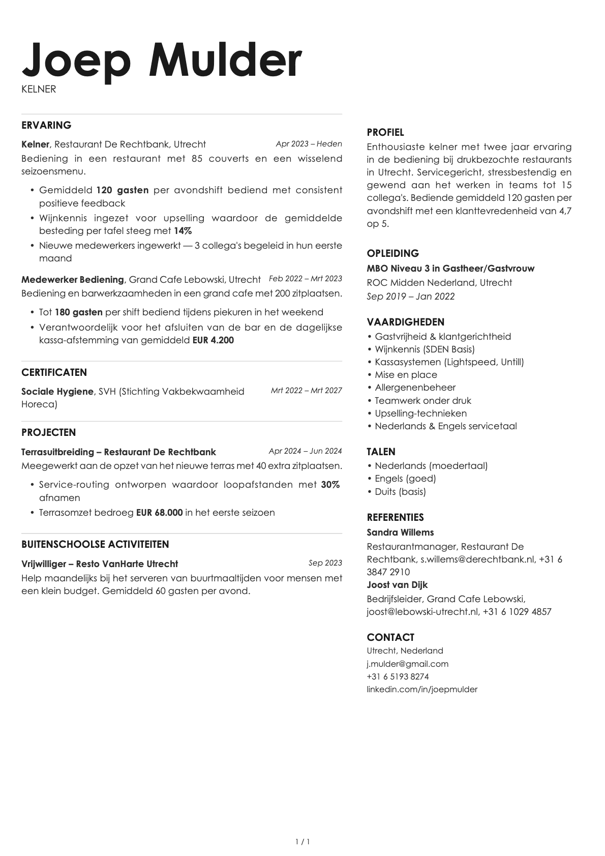 Kelner resume example