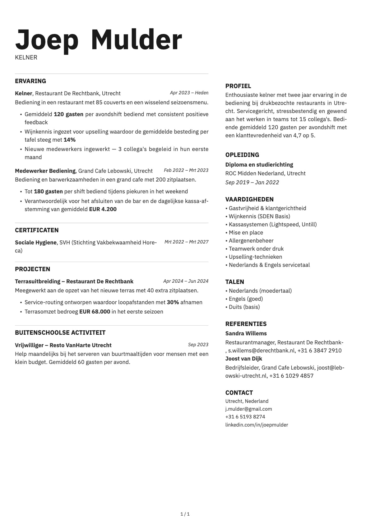 Kelner resume example
