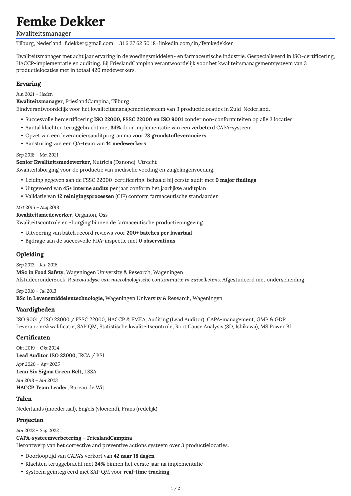 Kwaliteitsmanager resume example