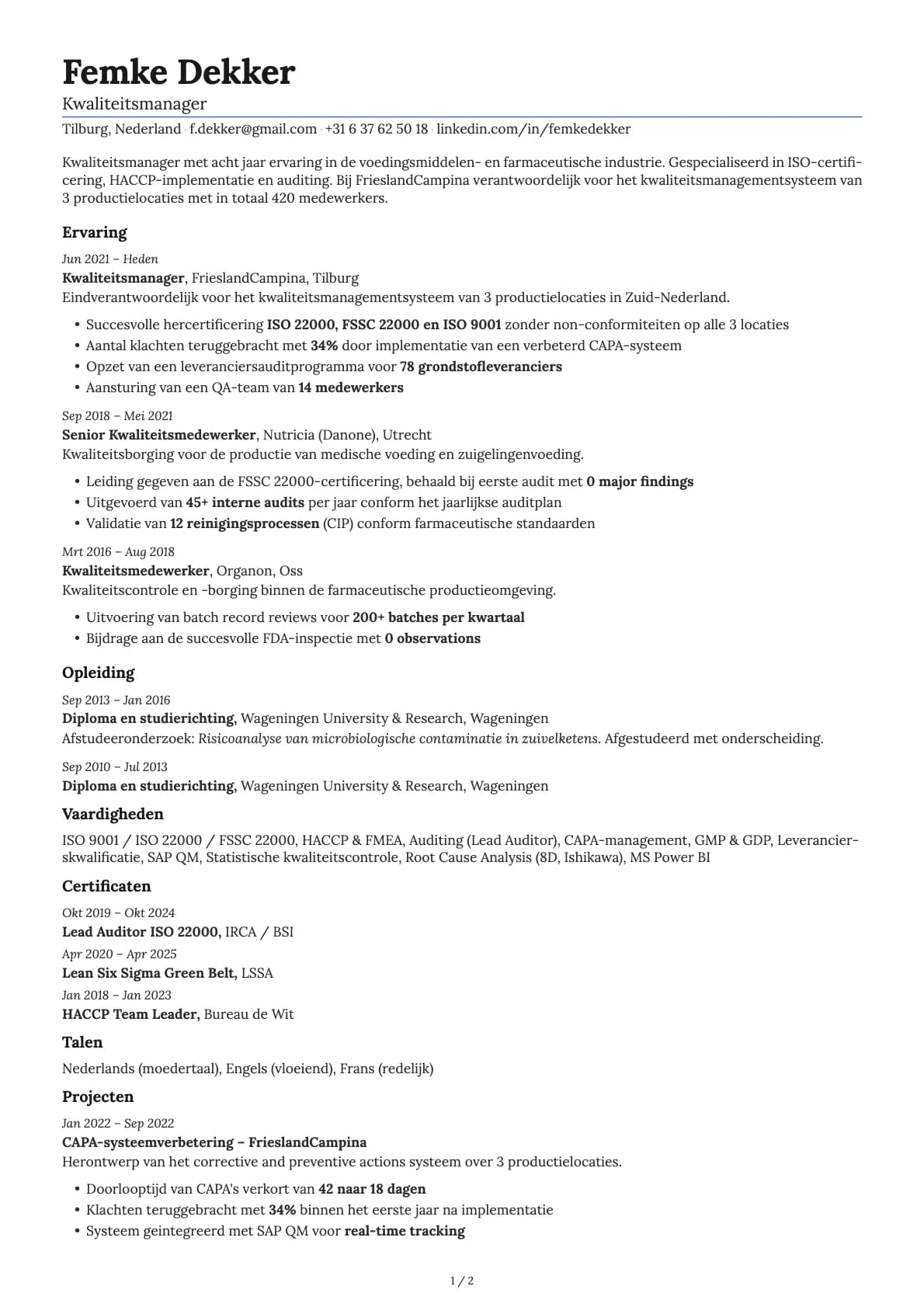 Kwaliteitsmanager resume example