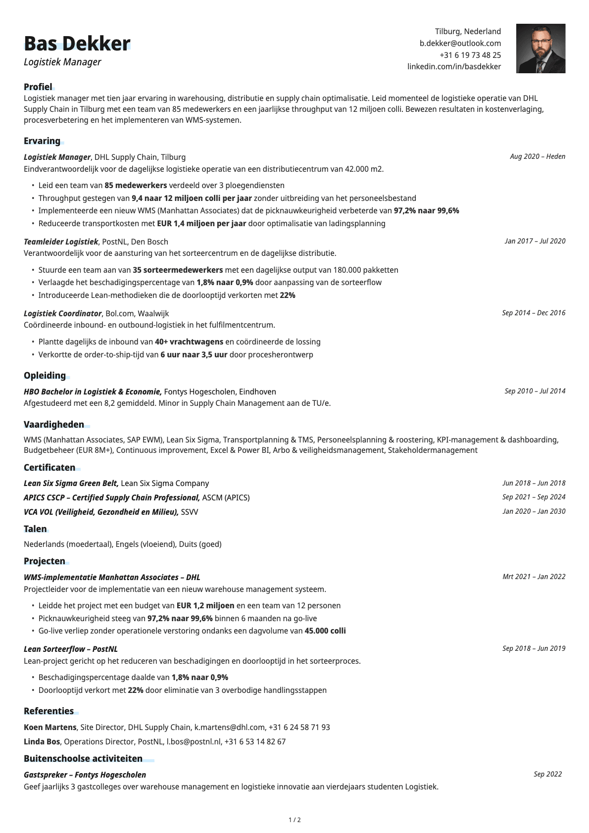 Logistiek Manager resume example