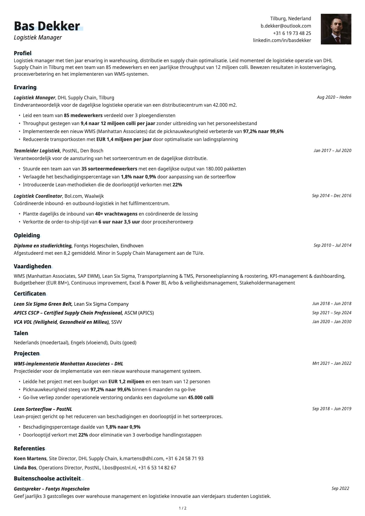 Logistiek Manager resume example