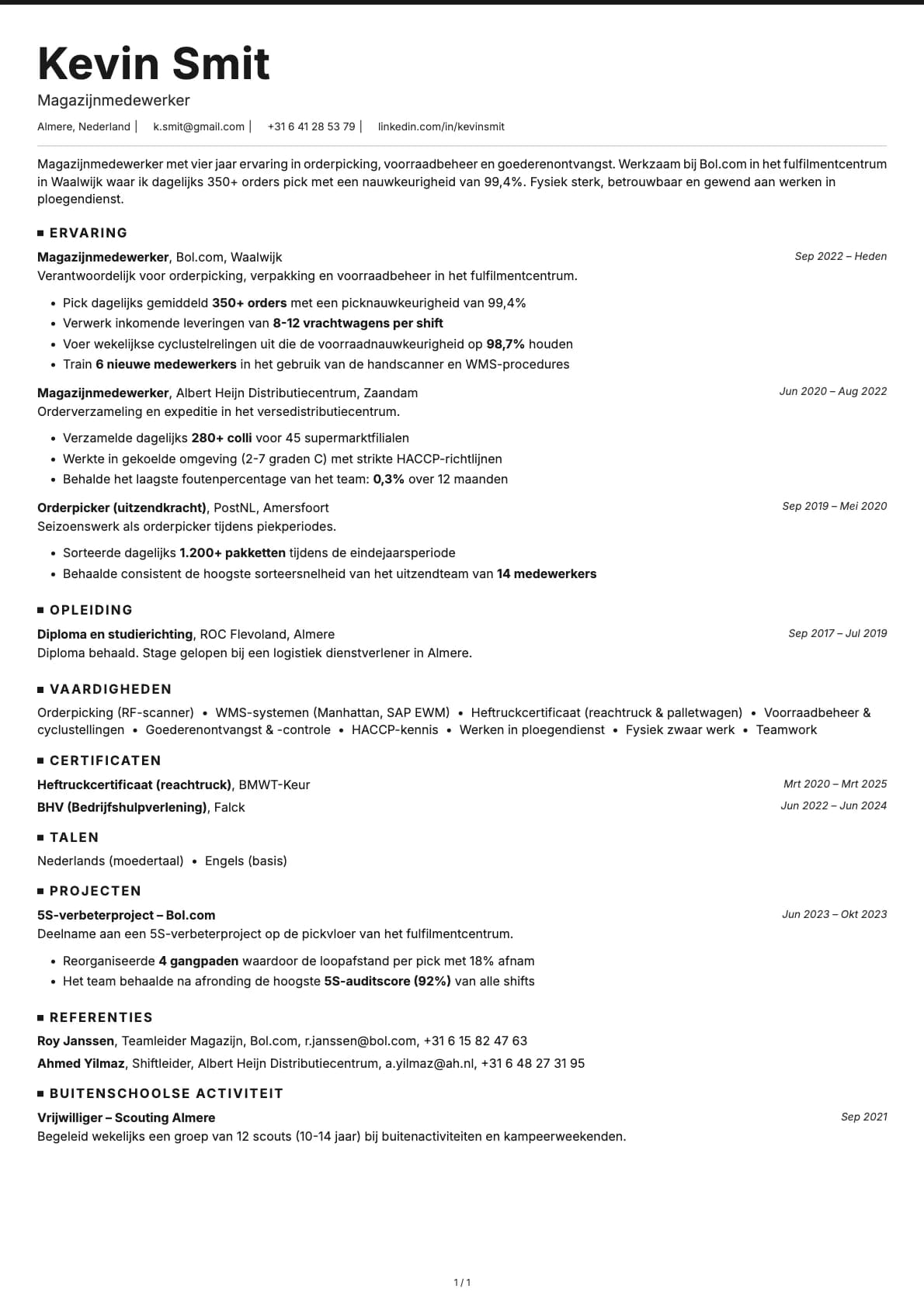 Magazijnmedewerker resume example