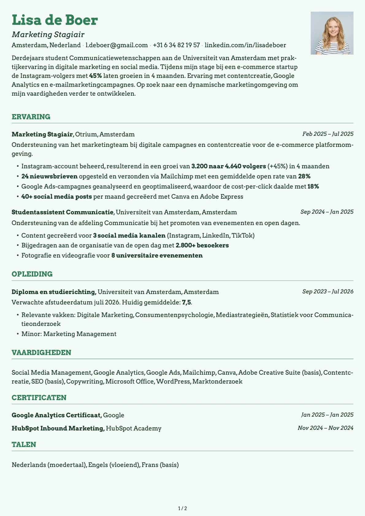 Marketing Stagiair resume example