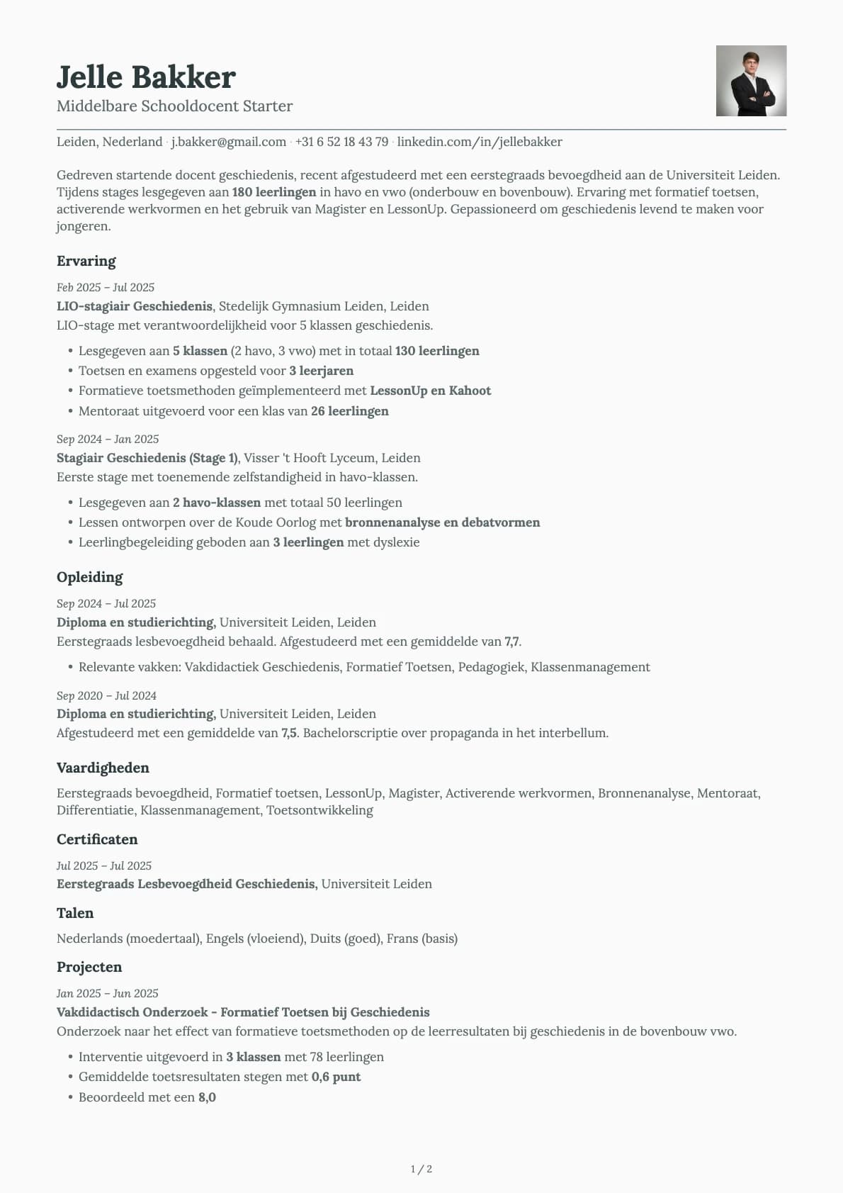 Middelbare Schooldocent Starter resume example