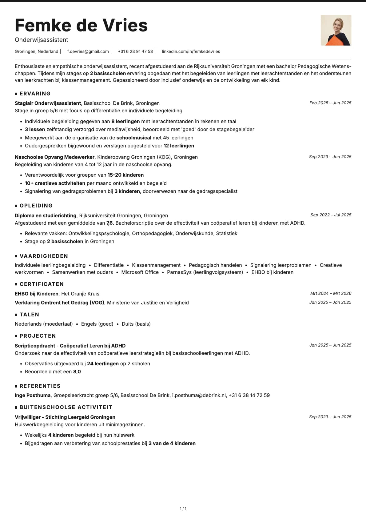 Onderwijsassistent resume example