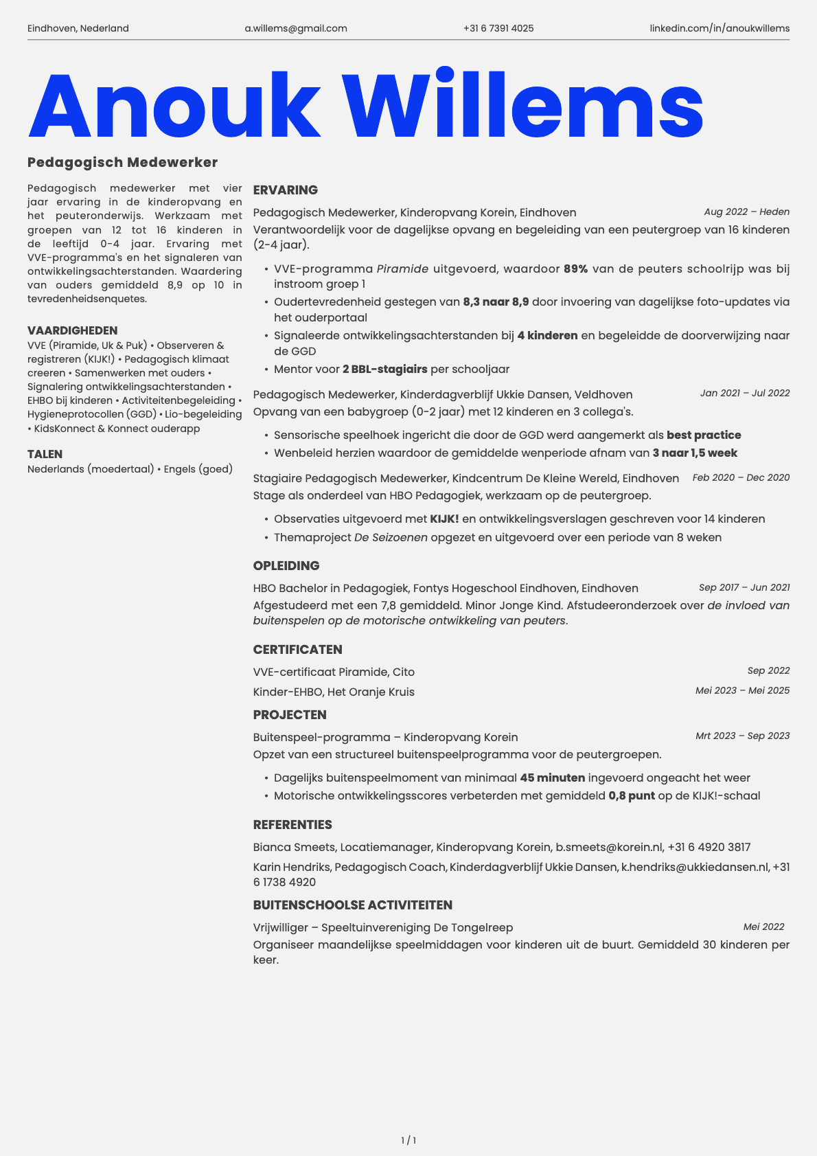 Pedagogisch Medewerker resume example