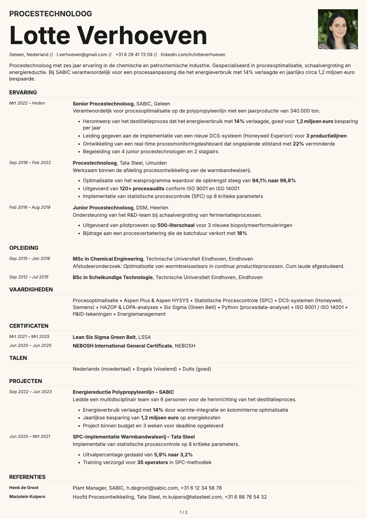 Procestechnoloog resume example