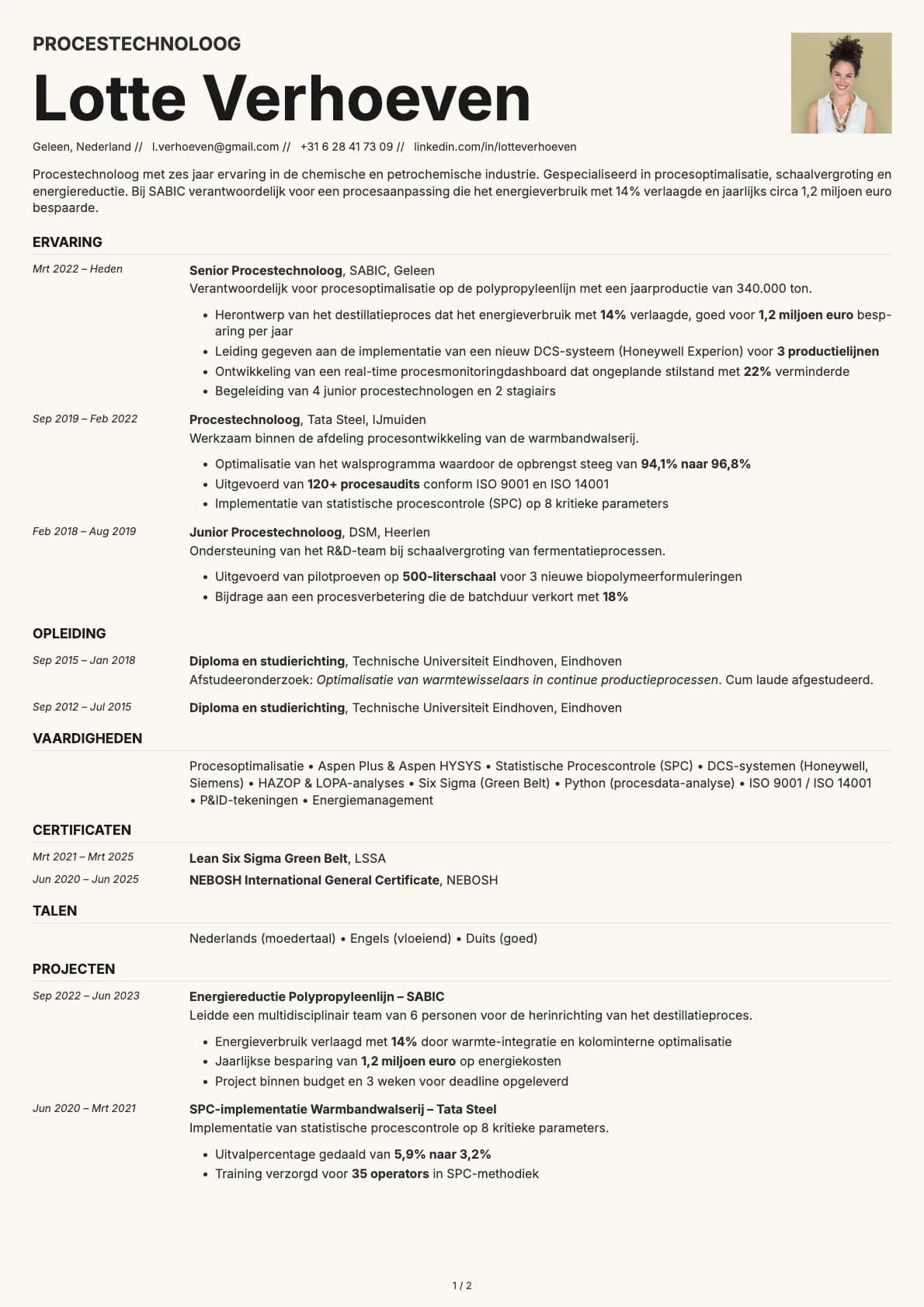 Procestechnoloog resume example