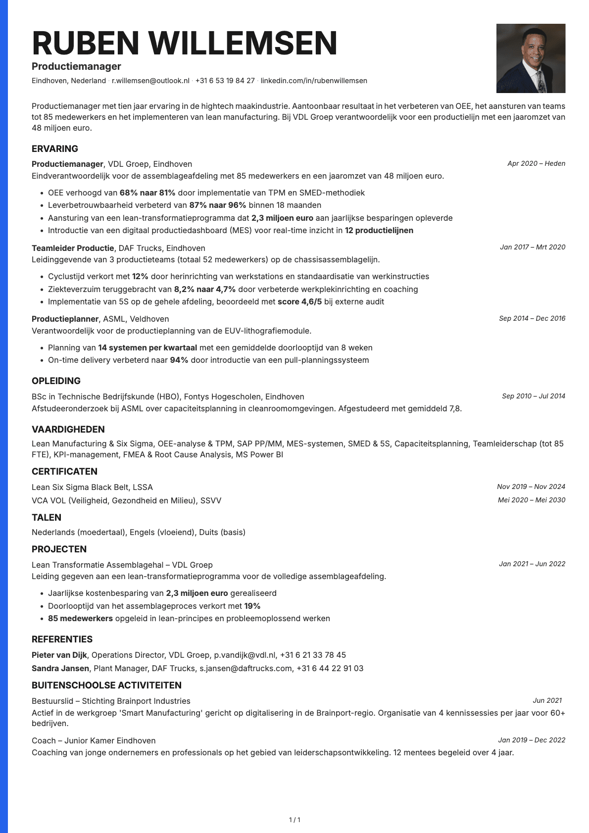 Productiemanager resume example