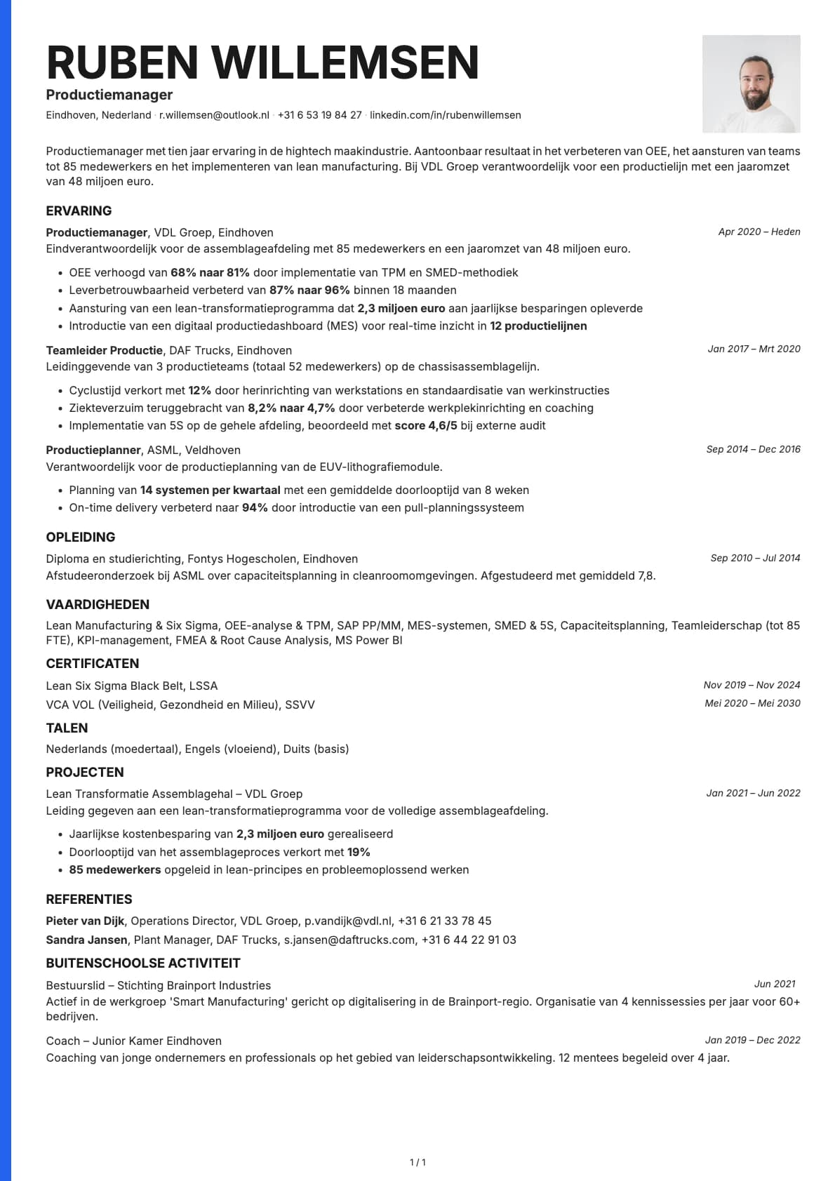 Productiemanager resume example