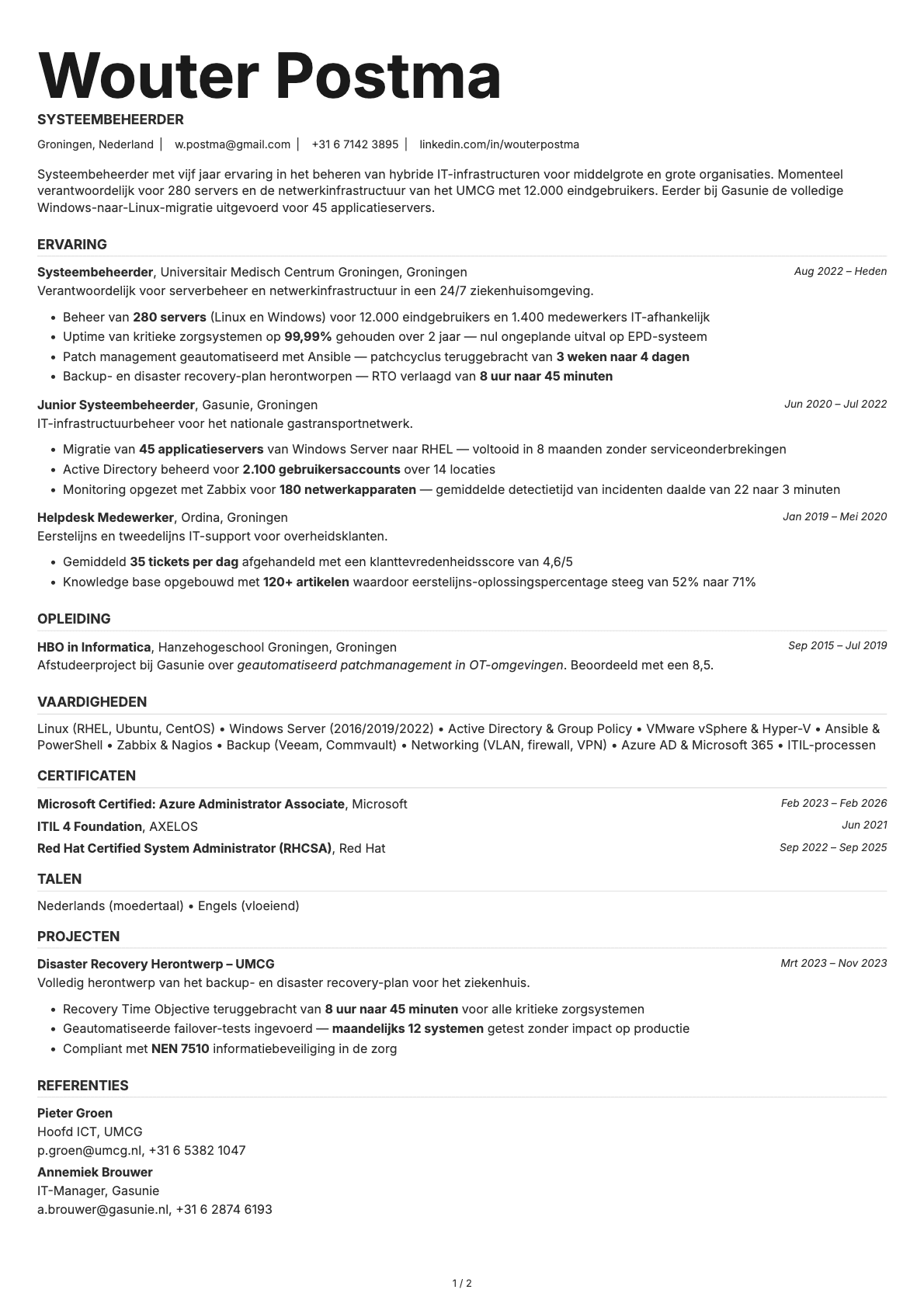 Systeembeheerder resume example