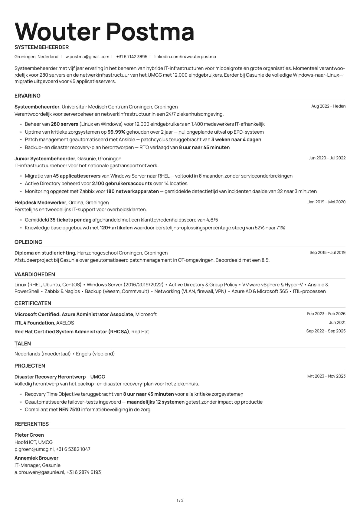 Systeembeheerder resume example
