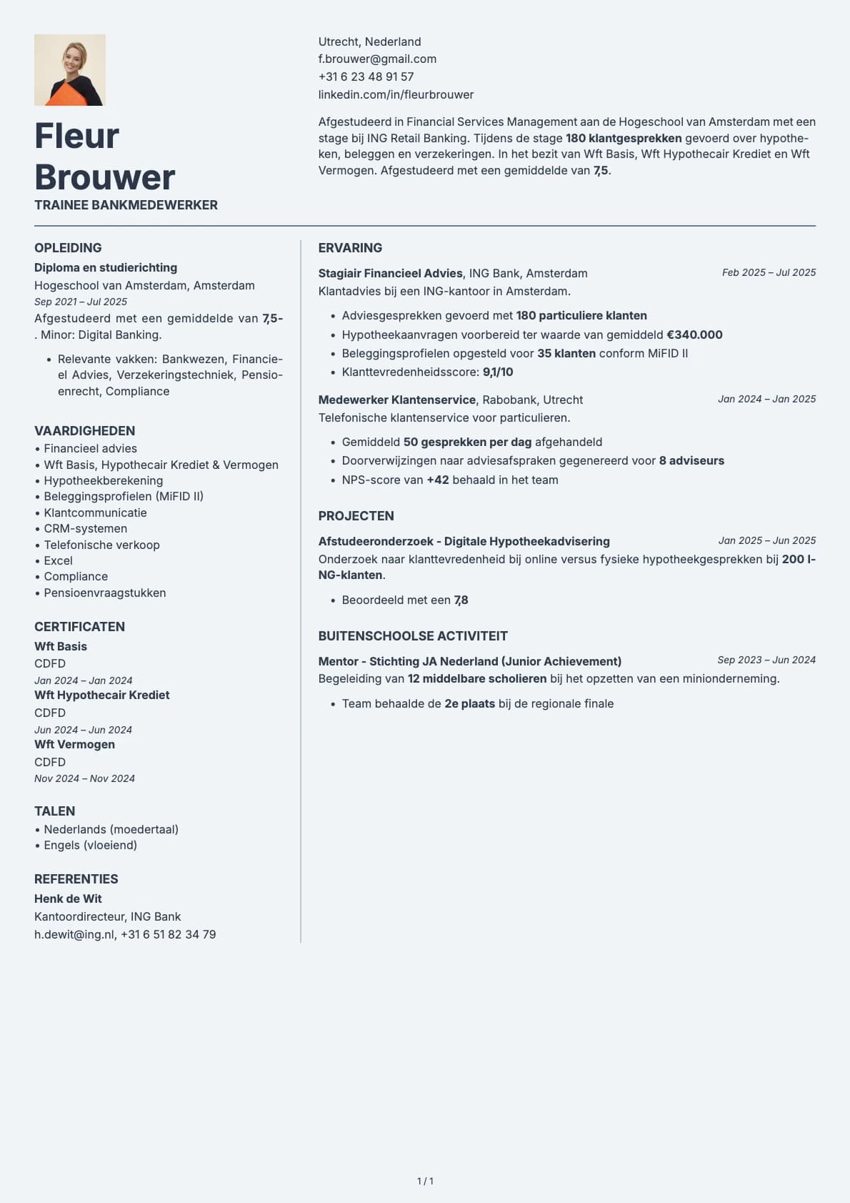Trainee Bankmedewerker resume example