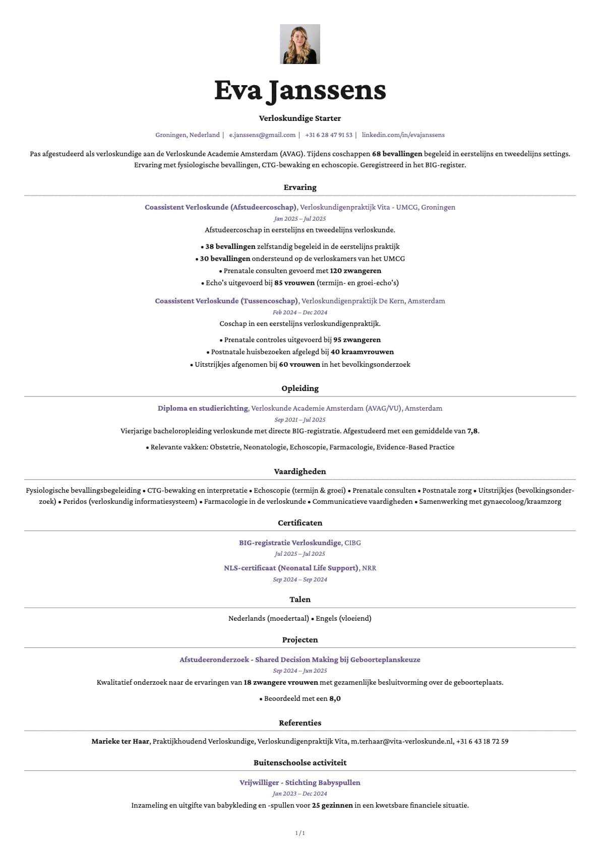 Verloskundige Starter resume example