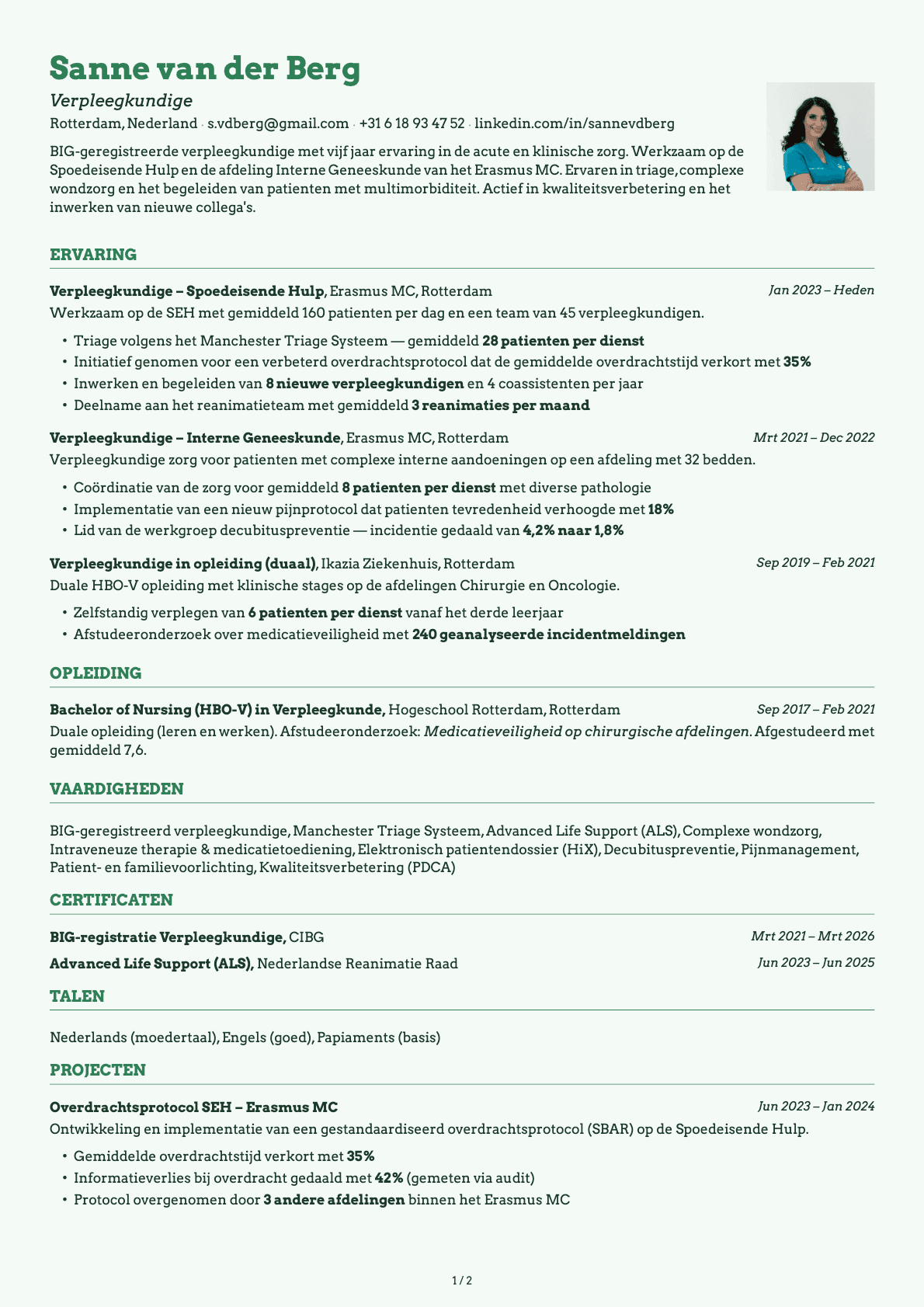 Verpleegkundige resume example