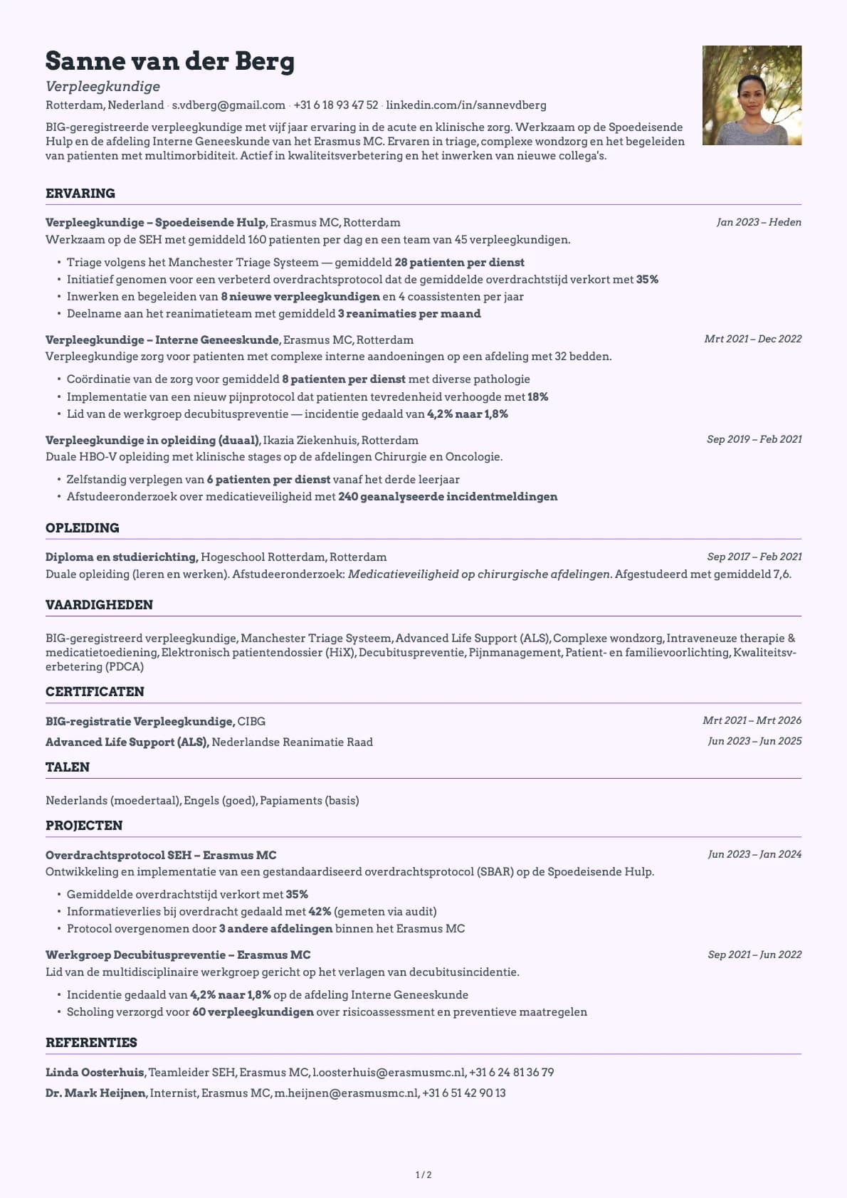 Verpleegkundige resume example