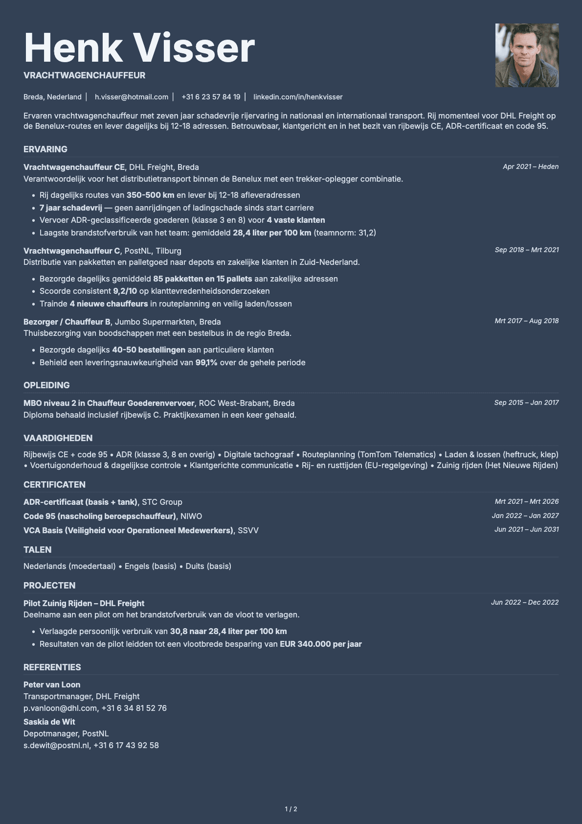 Vrachtwagenchauffeur resume example