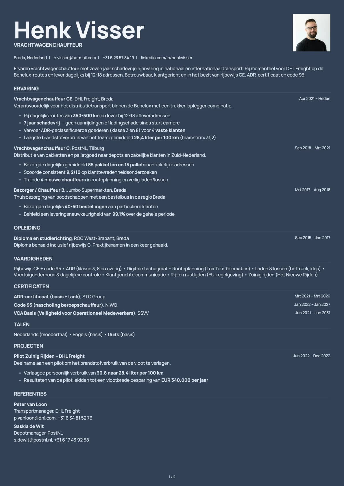 Vrachtwagenchauffeur resume example