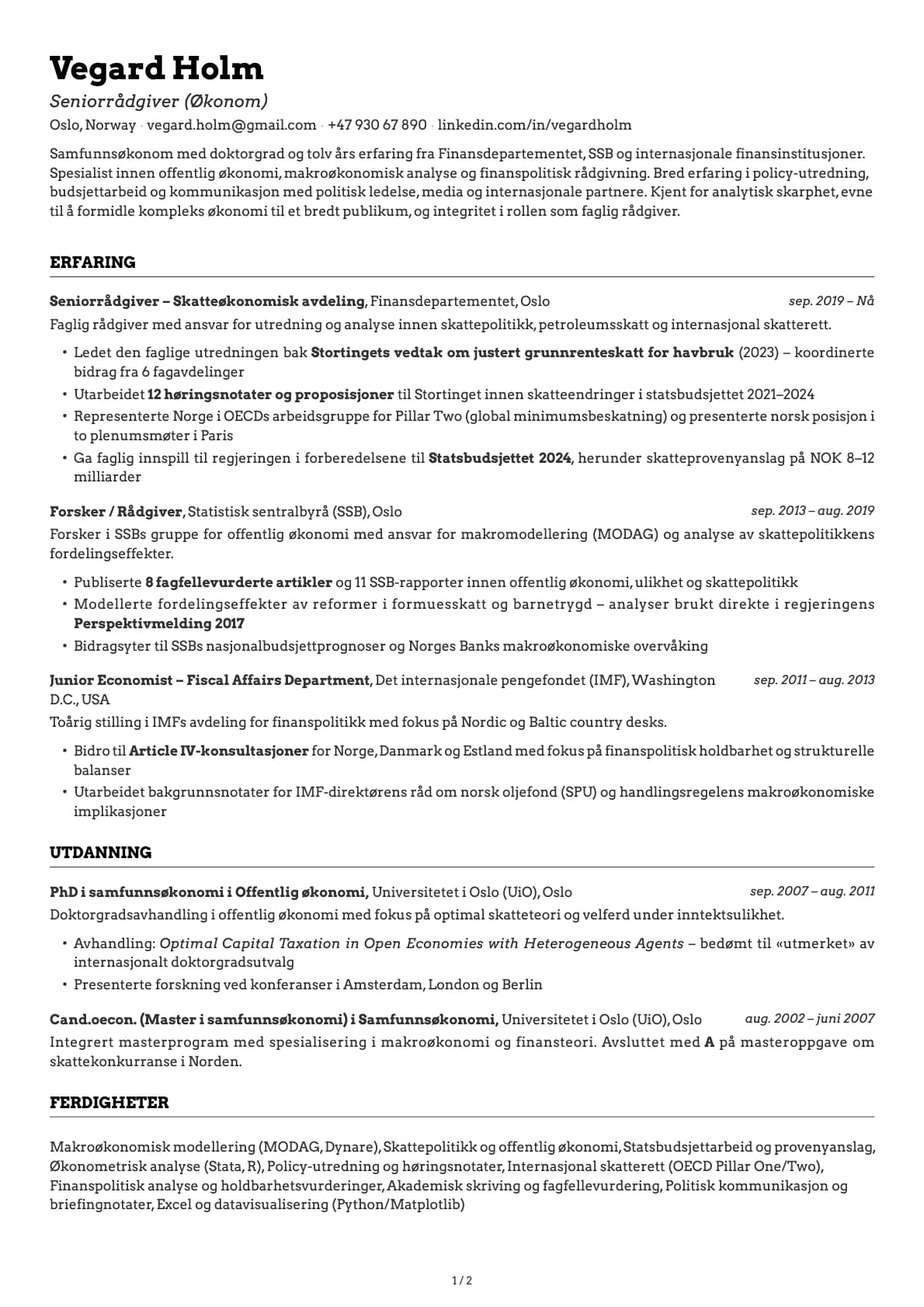 Seniorrådgiver (Økonom) resume example