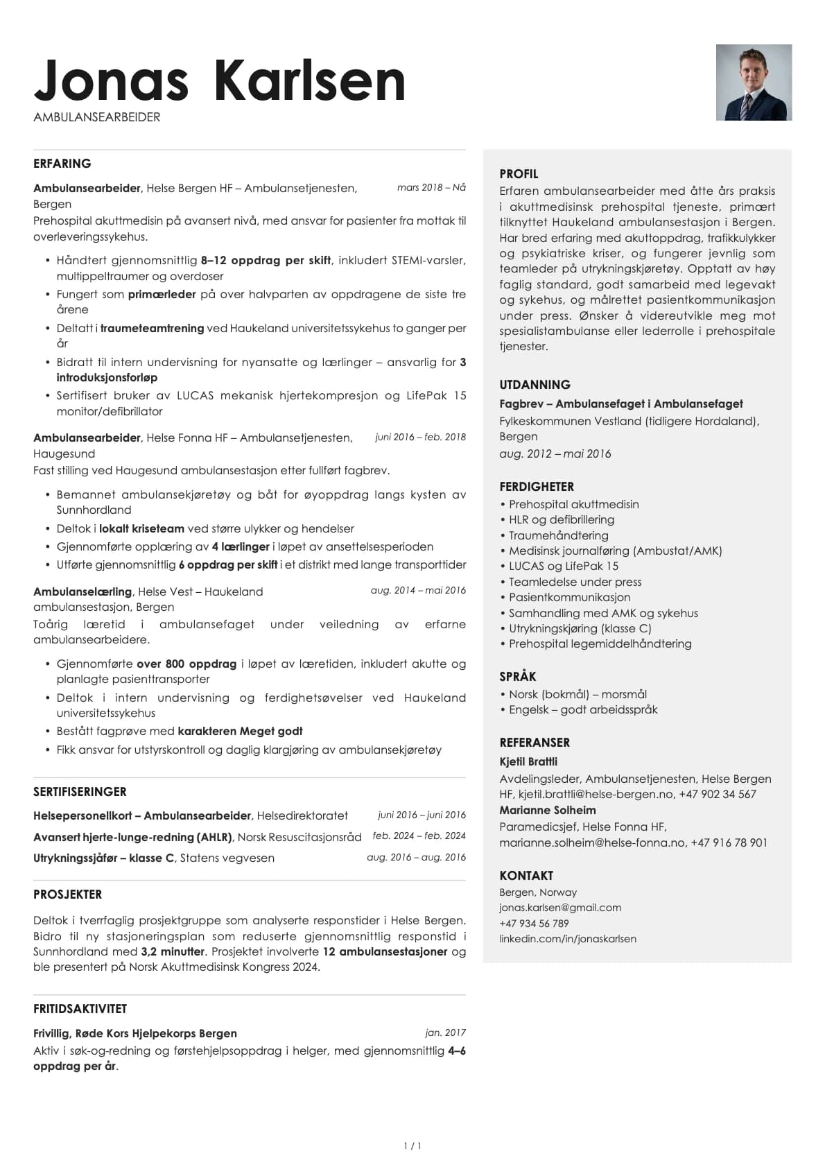 Ambulansearbeider resume example