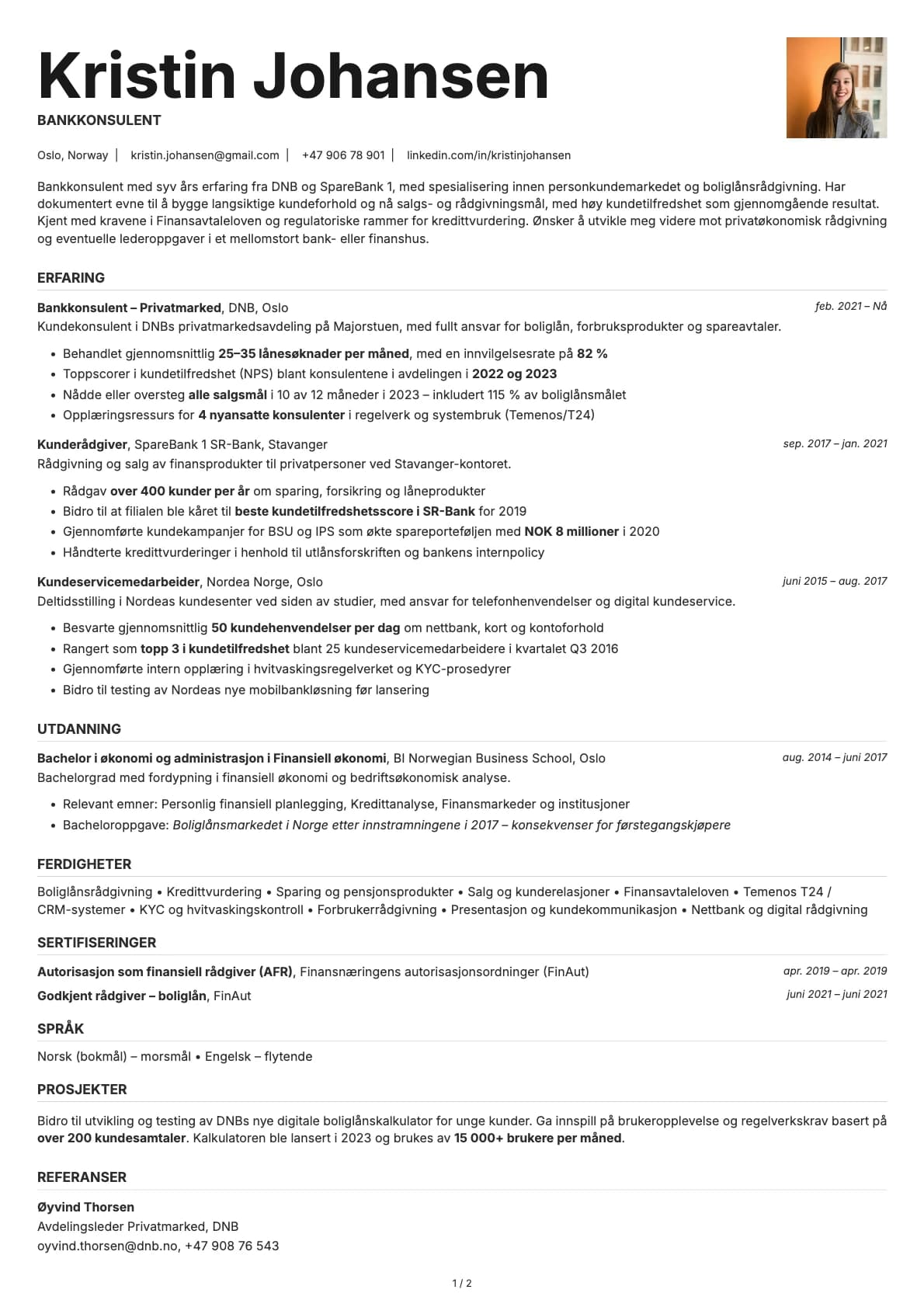 Bankkonsulent resume example